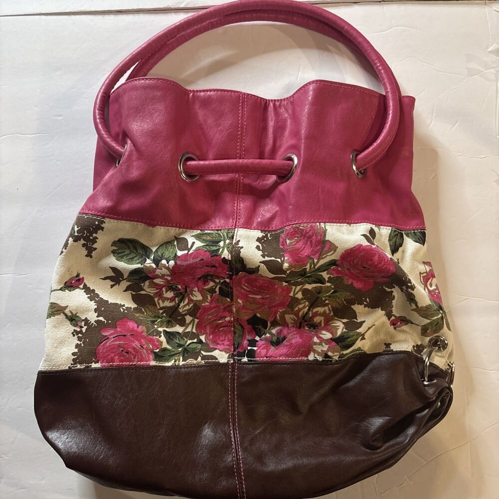 Vintage Canvas Rose Floral Bucket Bag Faux Leather Trim Cottagecore Boho